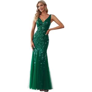imageEverPretty Womens Formal Dress Sequin Tulle Double VNeck Sleeveless Mermaid Long Evening Dress 07886Dark Green