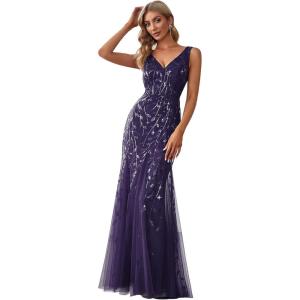 imageEverPretty Womens Formal Dress Sequin Tulle Double VNeck Sleeveless Mermaid Long Evening Dress 07886Deep Purple