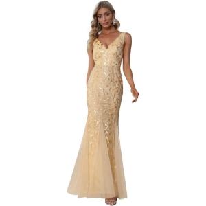 imageEverPretty Womens Formal Dress Sequin Tulle Double VNeck Sleeveless Mermaid Long Evening Dress 07886Gold