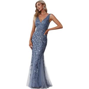 imageEverPretty Womens Formal Dress Sequin Tulle Double VNeck Sleeveless Mermaid Long Evening Dress 07886Haze Blue