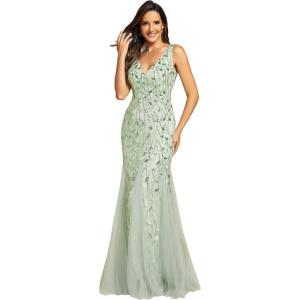 imageEverPretty Womens Formal Dress Sequin Tulle Double VNeck Sleeveless Mermaid Long Evening Dress 07886Mint Green