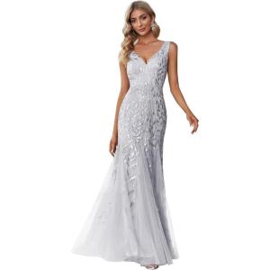 imageEverPretty Womens Formal Dress Sequin Tulle Double VNeck Sleeveless Mermaid Long Evening Dress 07886Silver