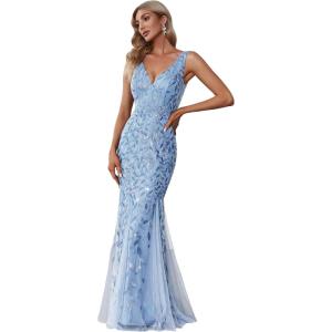 imageEverPretty Womens Formal Dress Sequin Tulle Double VNeck Sleeveless Mermaid Long Evening Dress 07886Sky Blue