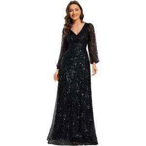imageEverPretty Womens Sparkle Sequin ALine V Neck Beaded Evening Gown Long Sheer Sleeves Formal Dresses 01999Black
