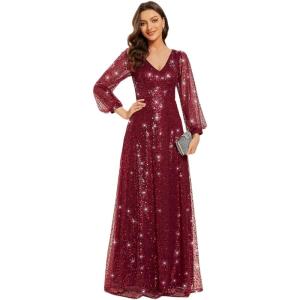 imageEverPretty Womens Sparkle Sequin ALine V Neck Beaded Evening Gown Long Sheer Sleeves Formal Dresses 01999Burgundy