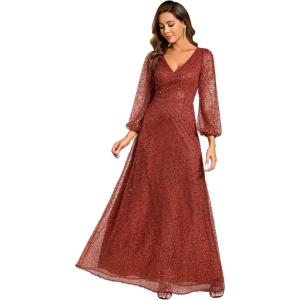 imageEverPretty Womens Sparkle Sequin ALine V Neck Beaded Evening Gown Long Sheer Sleeves Formal Dresses 01999Burnt Orange