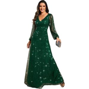 imageEverPretty Womens Sparkle Sequin ALine V Neck Beaded Evening Gown Long Sheer Sleeves Formal Dresses 01999Dark Green