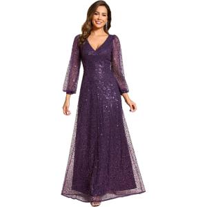 imageEverPretty Womens Sparkle Sequin ALine V Neck Beaded Evening Gown Long Sheer Sleeves Formal Dresses 01999Dark Purple