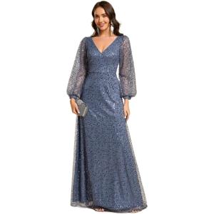 imageEverPretty Womens Sparkle Sequin ALine V Neck Beaded Evening Gown Long Sheer Sleeves Formal Dresses 01999Dusty Blue
