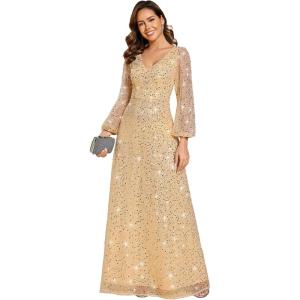 imageEverPretty Womens Sparkle Sequin ALine V Neck Beaded Evening Gown Long Sheer Sleeves Formal Dresses 01999Gold