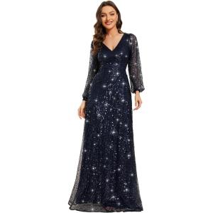 imageEverPretty Womens Sparkle Sequin ALine V Neck Beaded Evening Gown Long Sheer Sleeves Formal Dresses 01999Navy Blue