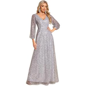 imageEverPretty Womens Sparkle Sequin ALine V Neck Beaded Evening Gown Long Sheer Sleeves Formal Dresses 01999Silver