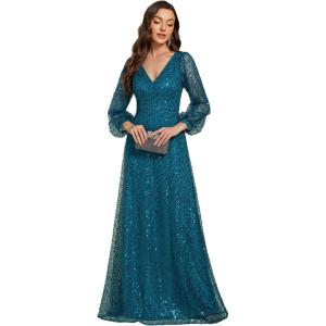 imageEverPretty Womens Sparkle Sequin ALine V Neck Beaded Evening Gown Long Sheer Sleeves Formal Dresses 01999Teal