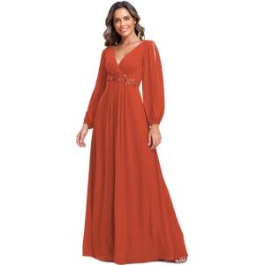 imageEverPretty Womens V Neck Long Lantern Sleeves Floor Length Ruched Chiffon ALine Formal Evening Dress 00461Burnt Orange