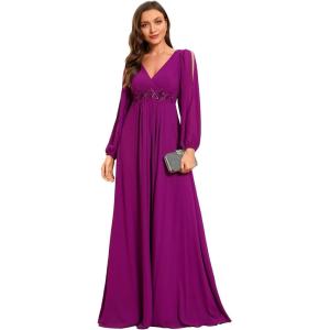 imageEverPretty Womens V Neck Long Lantern Sleeves Floor Length Ruched Chiffon ALine Formal Evening Dress 00461Fuchsia