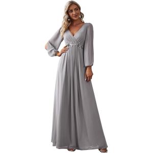 imageEverPretty Womens V Neck Long Lantern Sleeves Floor Length Ruched Chiffon ALine Formal Evening Dress 00461Gray