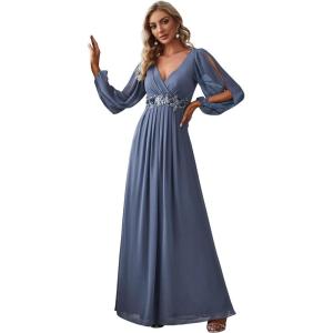 imageEverPretty Womens V Neck Long Lantern Sleeves Floor Length Ruched Chiffon ALine Formal Evening Dress 00461Haze Blue