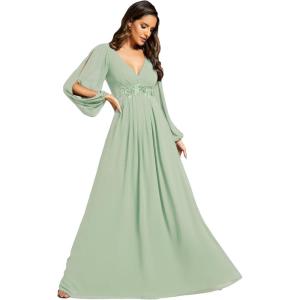 imageEverPretty Womens V Neck Long Lantern Sleeves Floor Length Ruched Chiffon ALine Formal Evening Dress 00461Mint Green