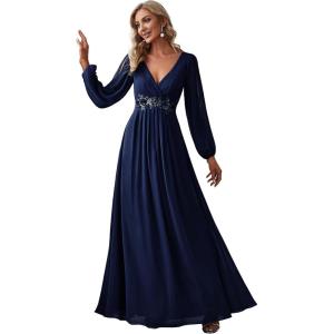 imageEverPretty Womens V Neck Long Lantern Sleeves Floor Length Ruched Chiffon ALine Formal Evening Dress 00461Navy Blue
