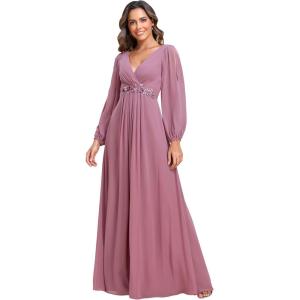 imageEverPretty Womens V Neck Long Lantern Sleeves Floor Length Ruched Chiffon ALine Formal Evening Dress 00461Orchid