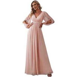 imageEverPretty Womens V Neck Long Lantern Sleeves Floor Length Ruched Chiffon ALine Formal Evening Dress 00461Pink