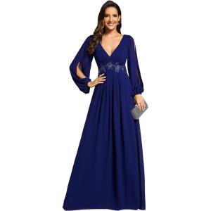 imageEverPretty Womens V Neck Long Lantern Sleeves Floor Length Ruched Chiffon ALine Formal Evening Dress 00461Royal Blue