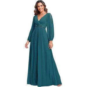 imageEverPretty Womens V Neck Long Lantern Sleeves Floor Length Ruched Chiffon ALine Formal Evening Dress 00461Teal