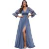 imageEverPretty Womens V Neck Tulle Beaded Flared Sleeves Split Floor Length Bridesmaid Dresses 0003Dusty Blue