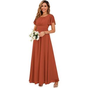 imageEverPretty Womens Classic Round Neck Short Sleeves Chiffon Floor Length Bridesmaid Dress 01840PHBurnt Orange