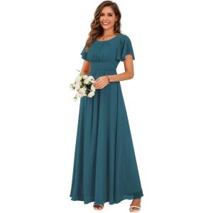 imageEverPretty Womens Classic Round Neck Short Sleeves Chiffon Floor Length Bridesmaid Dress 01840PHTeal