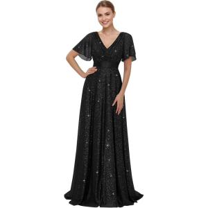 imageEverPretty Womens Evening Gowns V Neck Short Sleeves Aline Glitter Formal Dresses 50159Black