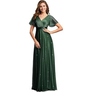 imageEverPretty Womens Evening Gowns V Neck Short Sleeves Aline Glitter Formal Dresses 50159Dark Green