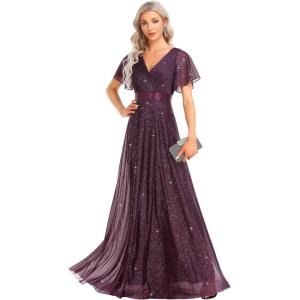 imageEverPretty Womens Evening Gowns V Neck Short Sleeves Aline Glitter Formal Dresses 50159Dark Purple