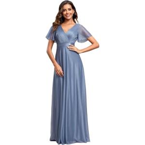imageEverPretty Womens Evening Gowns V Neck Short Sleeves Aline Glitter Formal Dresses 50159Dusty Navy