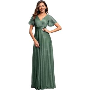 imageEverPretty Womens Evening Gowns V Neck Short Sleeves Aline Glitter Formal Dresses 50159Eucalyptus Green