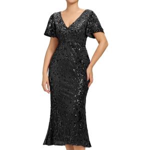 imageEverPretty Womens Gorgeous V Neck Sequin Tulle Short Sleeves Bodycon Maxi Formal Evening Gowns 02370Black