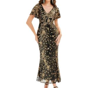 imageEverPretty Womens Gorgeous V Neck Sequin Tulle Short Sleeves Bodycon Maxi Formal Evening Gowns 02370Black Gold