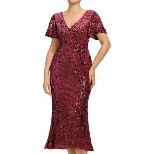 imageEverPretty Womens Gorgeous V Neck Sequin Tulle Short Sleeves Bodycon Maxi Formal Evening Gowns 02370Burgundy
