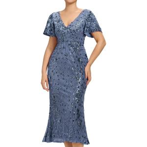 imageEverPretty Womens Gorgeous V Neck Sequin Tulle Short Sleeves Bodycon Maxi Formal Evening Gowns 02370Dusty Blue