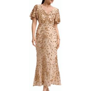 imageEverPretty Womens Gorgeous V Neck Sequin Tulle Short Sleeves Bodycon Maxi Formal Evening Gowns 02370Gold