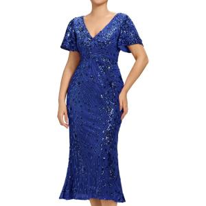 imageEverPretty Womens Gorgeous V Neck Sequin Tulle Short Sleeves Bodycon Maxi Formal Evening Gowns 02370Sapphire Blue