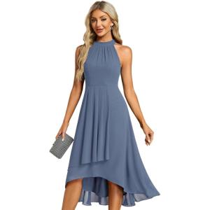 imageEverPretty Womens Sexy Halter Neck Pletaed Sleeveless HiLo Chiffon Wedding Guest Dress 31926Dusty Blue
