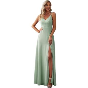 imageEverPretty Womens Sexy Spaghetti Straps Chiffon Ruched VNeck Slit FloorLength Formal DressMint Green
