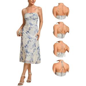 imageEverPretty Womens Sexy Spaghetti Straps Pleated Floral Midi Wedding Guest Dresses 02416Blue Verdure on White