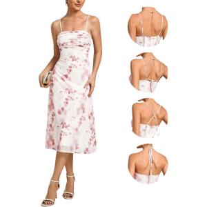 imageEverPretty Womens Sexy Spaghetti Straps Pleated Floral Midi Wedding Guest Dresses 02416Russet Red Print