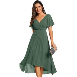 imageEverPretty Womens Summer Chiffon Pleated VNeck Short Wedding Guest Dress with Ruffled Sleeves 01923Eucalyptus Green