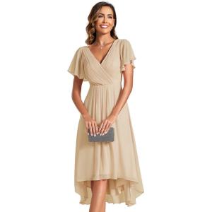 imageEverPretty Womens Summer Chiffon Pleated VNeck Short Wedding Guest Dress with Ruffled Sleeves 01923Gold