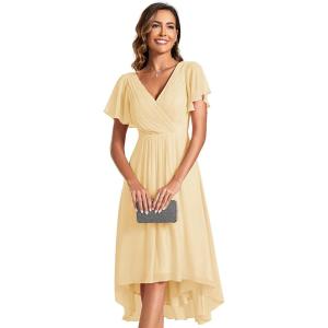 imageEverPretty Womens Summer Chiffon Pleated VNeck Short Wedding Guest Dress with Ruffled Sleeves 01923Yellow