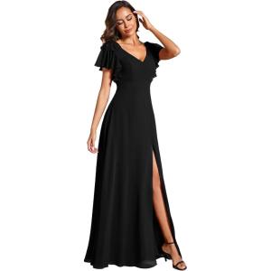 imageEverPretty Womens V Neck High Waist Bridesmaid Dress Ruffle Sleeves Slit A Line Maxi Semi Formal Dresses 02080Black