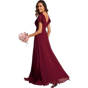 imageEverPretty Womens V Neck High Waist Bridesmaid Dress Ruffle Sleeves Slit A Line Maxi Semi Formal Dresses 02080Burgundy